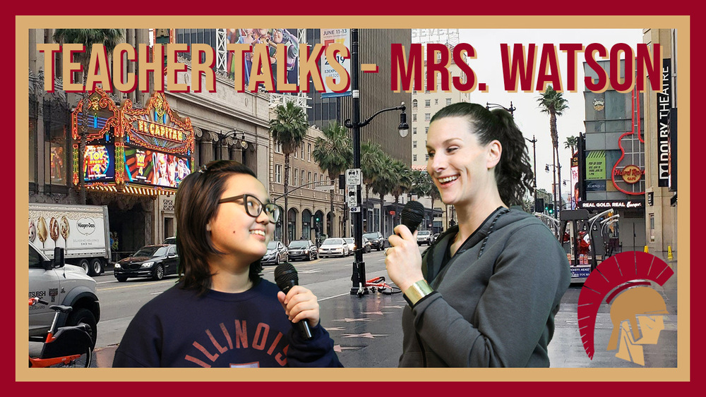 CHS student, Aya Kaliyeva and p.e. teacher, Mrs. Watson next to the CHS Trojans logo w/ the text: "TEACHER TALKS - MRS. WATSON"