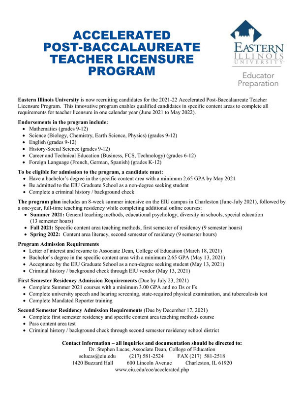 EIU Accelerated Post-Baccalaureate Teacher Licensure Program