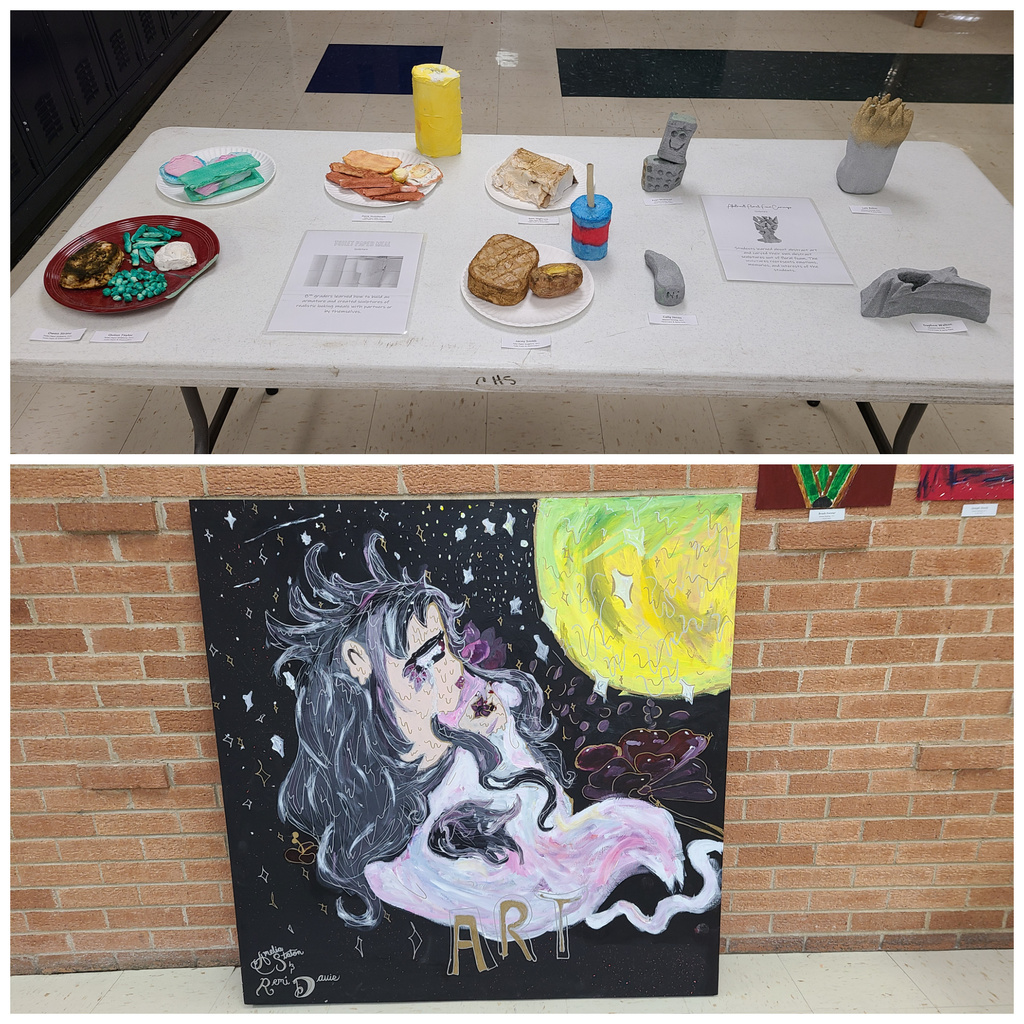 Top: Toilet  Paper Meals and Carved Abstract sculptures by 8th grade. Bottom:  Painting by Remi Davis and Amelia Staton